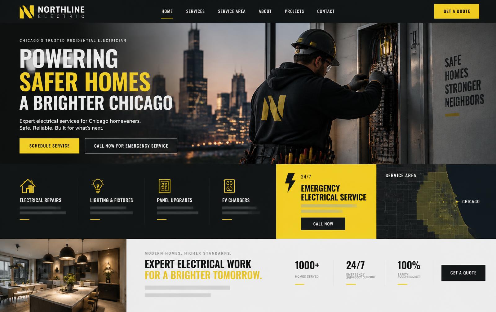 Concept website for Northline Electric with bold yellow service calls to action